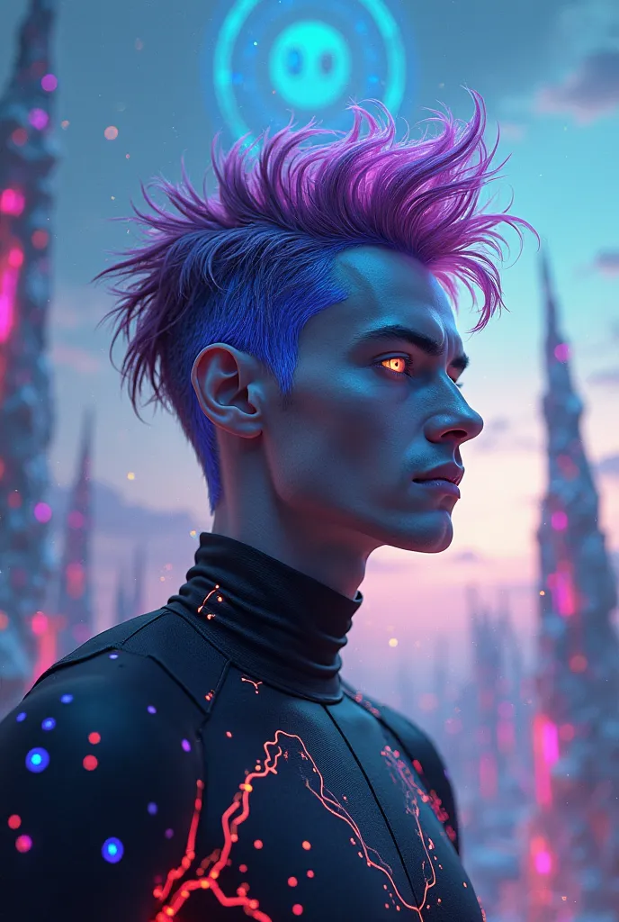 A futuristic male character with an intense and otherworldly presence. His hair is wild and gravity-defying, infused with glowing bioluminescent streaks (electric blue, neon purple, or fiery red). His eyes shine with an ethereal glow, as if infused with ad...