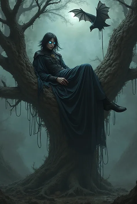 Can you make a dark medieval character with semi-long hair with white eyes with a bat in your hand lying on top of a tree