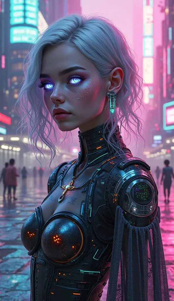 Futuristic cyberpunk-style portrait of a unique girl, ultra-detailed, 8k, digital art.

Appearance:

Face: Sharp facial features, holographic blue-purple eyes with glowing data stream effects (green code lines in pupils, starry light reflections), neon-pin...