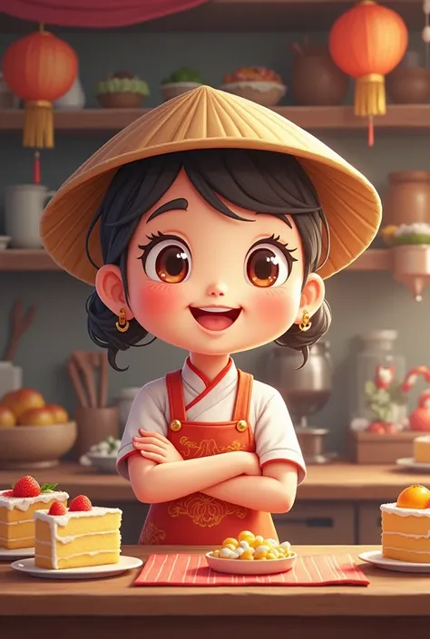 Draw 1 npc sales staff in cartoon style for traditional vietnamese cake making game 