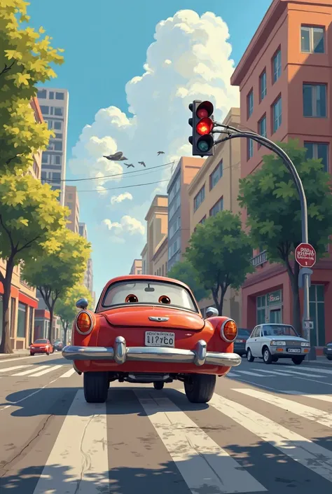 Act like an expert painter and create a 3D cartoon image of the following: A car coming down the street did not stop. The driver had seen the red light, but Diego was right in the middle of the street, chasing the ball. In an instant, the driver braked, bu...