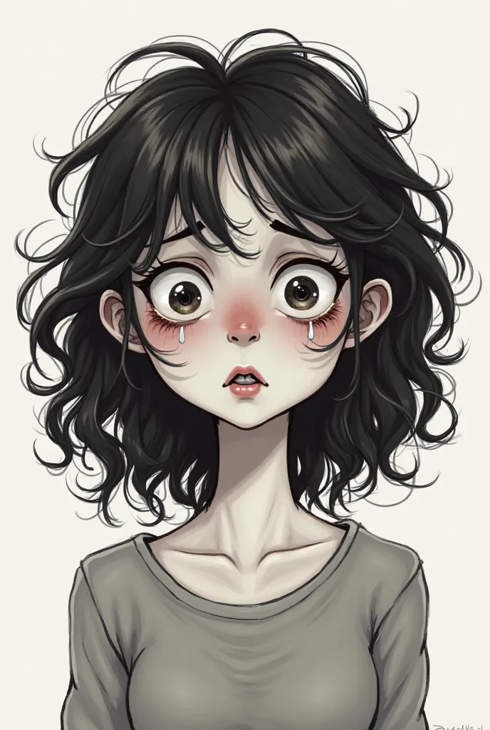 Cartoon of a  FEMALE , with bruises and crying.  with curly hair 