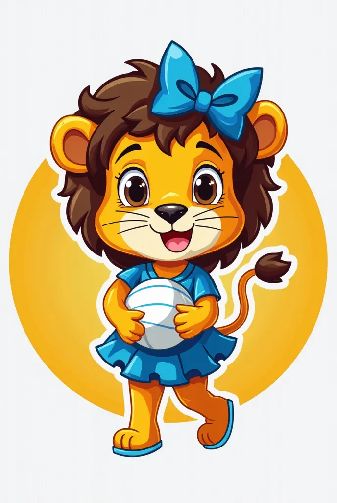 Create a circular logo using the colors yellow, black, and baby blue. At the center, feature a young female lion character with a friendly and energetic appearance. She should be wearing a netball dress and holding a netball. The lion should also have two ...