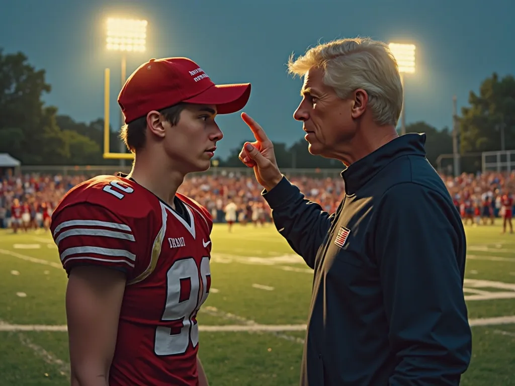 A football field in a small town, evening. The soft light of the streetlights illuminates the, picture where the school team gathered. The focus is on a young man (barron trump)  in football uniform, on his head is bright red red MAGA. He stands still, fie...