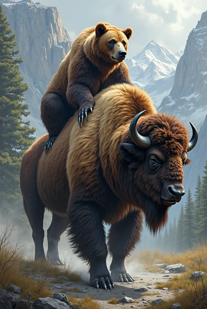 The bear rides on a bison