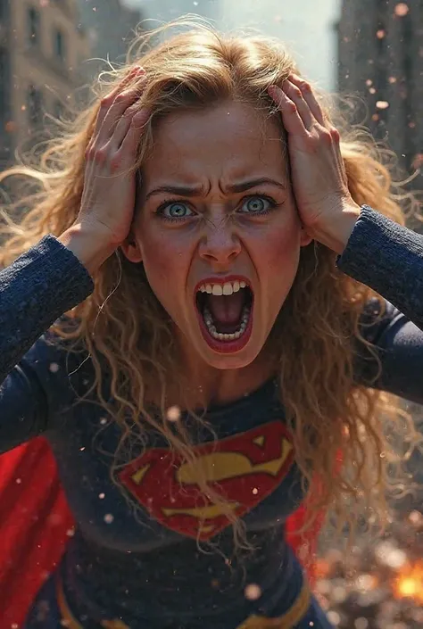 Scared Supergirl with her hands on her head screaming at Wonder Woman 