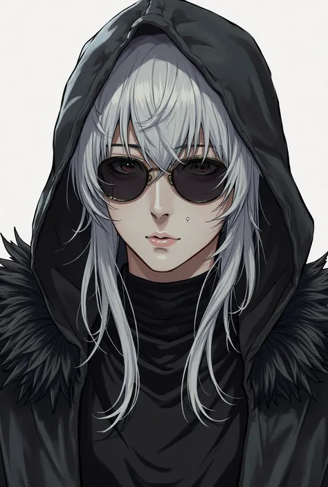 A handsome man with pierced ears, nose, mouth and cheeks, pale skin, white hair, wearing a tight black shirt with a hood covering his head, with fur inside, a cold face, black tone, anime style, long hair with bangs, wearing sunglasses. 