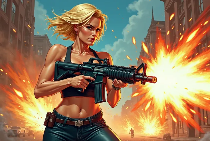 sexy short-haired blonde girl with big breasts shoots a machine gun and yells,  in cartoon style 
