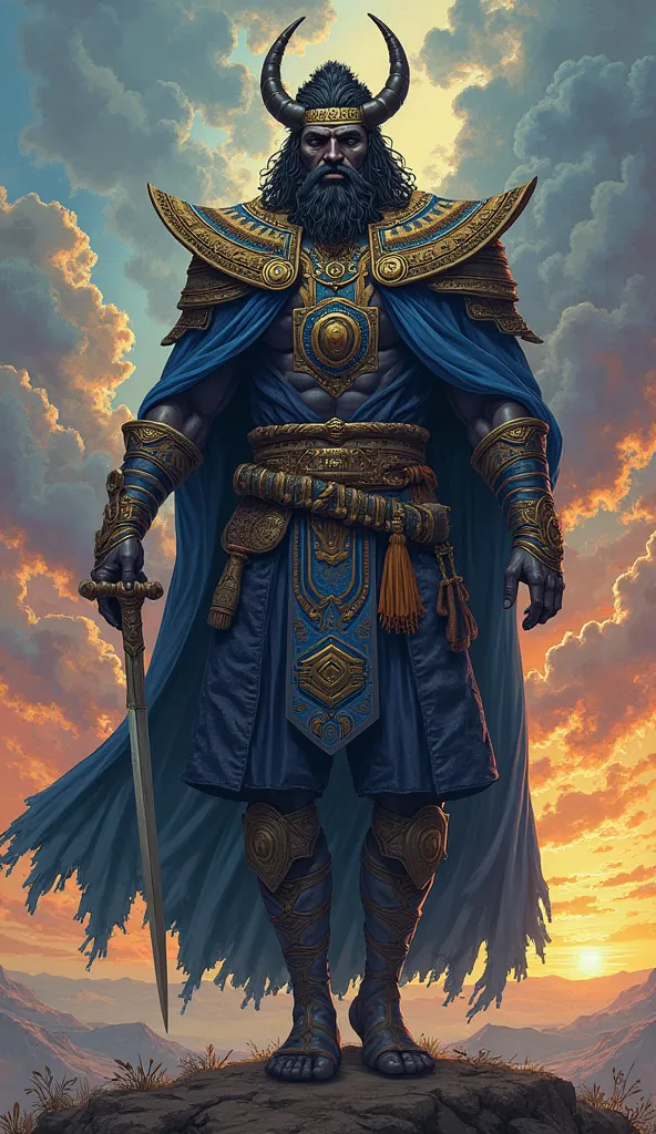 Create an image of Orixá Ogum, The Orixá of War and Strategy, using his colors ( Dark blue) and characteristic elements and with his sword pointing to the horizon.