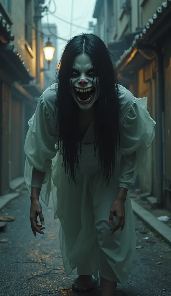 Kuchisake Onna in attack position in a dark alley in Japan,  ultra real and professional images 