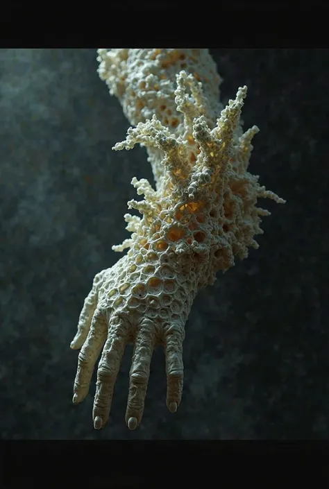 Hyper-realistic human hand and forearm seamlessly fused with an intricate honeycomb-like organic structure. The skin transitions into a biomechanical pattern, with deep, symmetrical holes resembling a beehive or coral-like growth. The fingers retain their ...