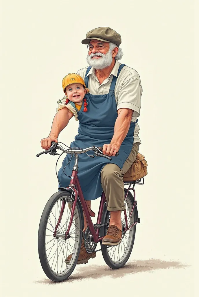 I want you to create a drawing-style image of a girl wearing an apron as an initial student, the navy blue apron. This girl is sitting on the front of a bicycle that her grandpa is riding. The 70-year-old grandpa, with a hat