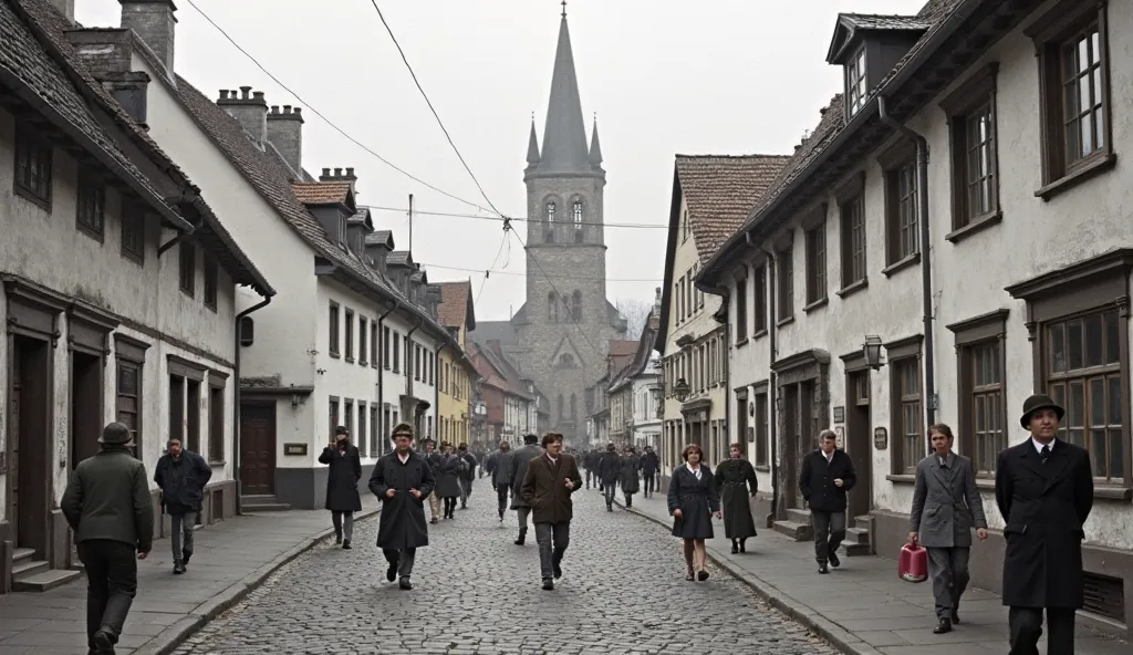 A small German town in the 1960s-70s, featuring cobblestone streets and an old stone church in the background. People dressed in period-appropriate clothing walk through the streets. The sky is overcast, giving a slightly desaturated and vintage feel to th...