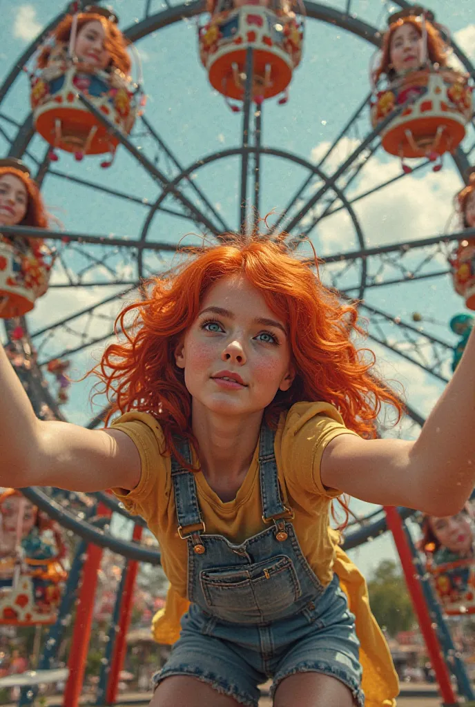 A redheaded  who is stuck in an amusement park wheel with lots of redheaded women inside