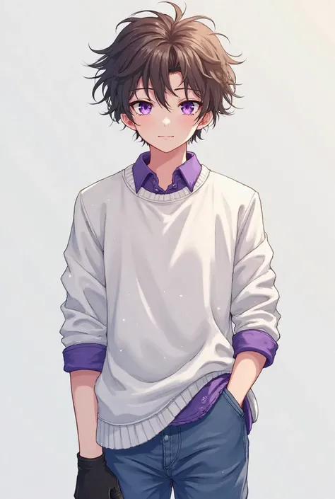 anime style,  Anime Boy, creamy skin, curly disheveled brown hair, purple eyes, white sweatshirt, blue jeans, black boots, black fingerless gloves, purple shirt under white Tolstoy, grey background