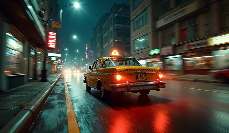 A taxi barrels through the narrow, winding streets of the city at night, its tires screeching against the wet pavement. Neon lights blur past as the driver grips the wheel tightly, his knuckles white with tension. He throws the car into a sharp, dangerous ...