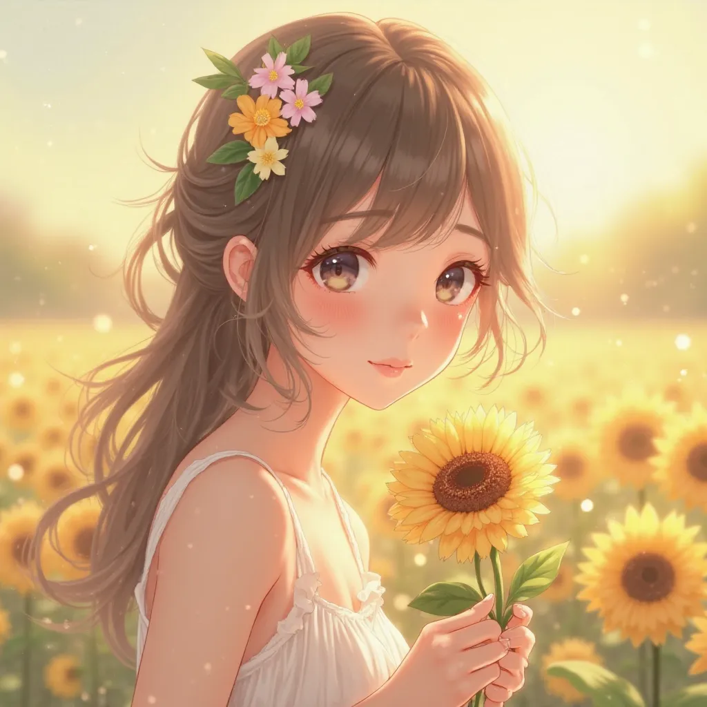 A young woman with delicate features and a soft, gentle style. She is surrounded by a springtime setting, with flowers in her hair and holding flowers of soft colored flowers, or colorful flowers, or yellow flowers, or pastel colors or sunflowers. The back...