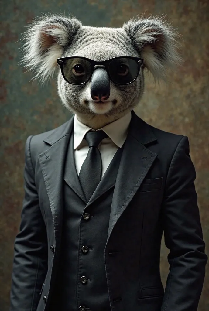 That the koala has dark lenses and that they belong to the Mafia Mafia and that they have an elegant suit