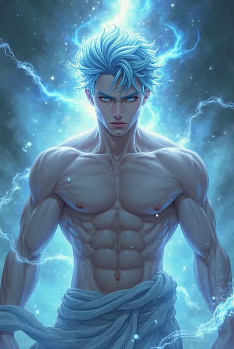 Generate a God of Destruction in human form anime version, With pure light blue hair and give it good details that it is male 