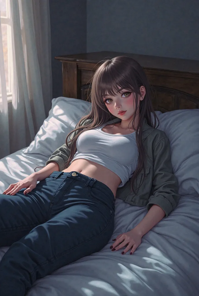 make a anime girl laying on bed were pent and shirt and jaket and detail art make amazing art 