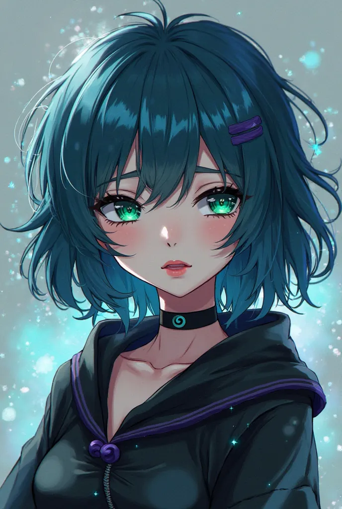  girl with medium length blue hair and green eyes. Her hairstyle is a shaggy, layered cut with uneven, choppy ends for a textured look. The bangs are blunt yet slightly messy, falling over the forehead in an unstructured, edgy style , slightly disheveled f...