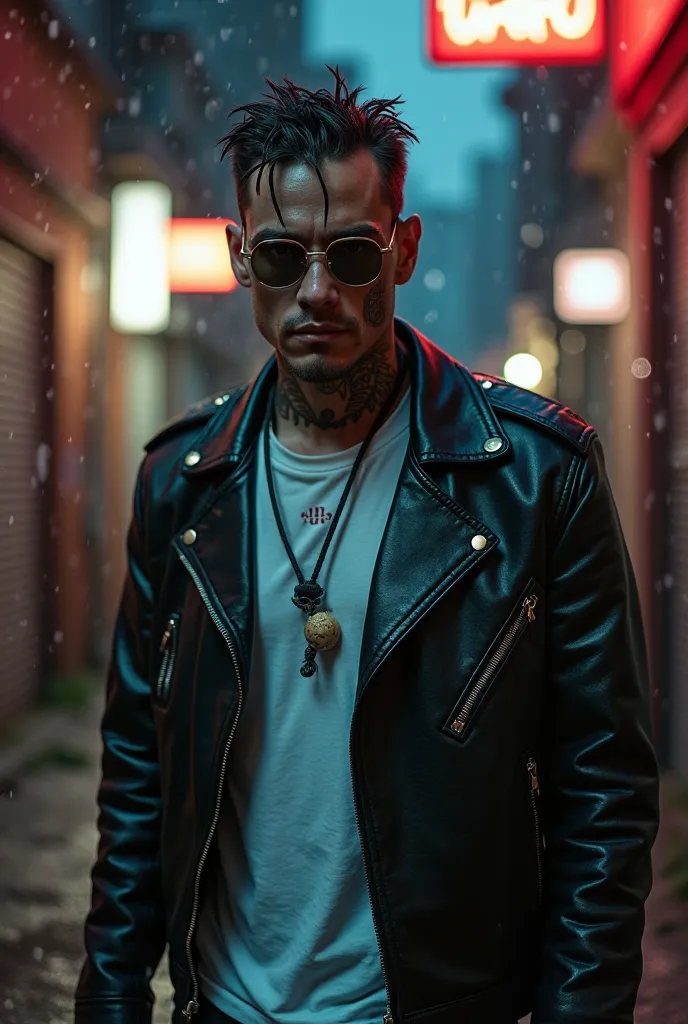 Street cricket syphilis, tough body,  cold eyes , assertive look
Black Leather Jacket,  white three-hole shirt , gold-rimmed glasses , centipede tattoo, prominent scar
Dark Alley, neon light, rain-wet pavement, overcast atmosphere, mysterious night backgro...