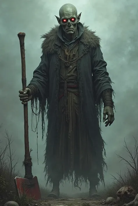  tall men's brown , red eyes, Terrifying face,  old, worn clothes , with axe