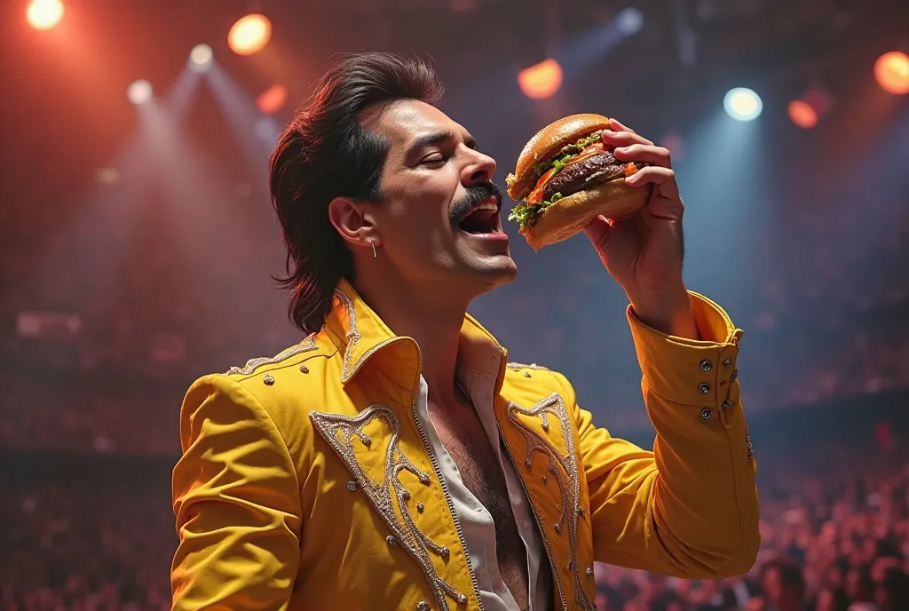 Fredy Mercury of the rock band Queen eating a hamburger at a concert. realistic style. 