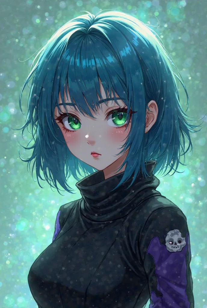  girl with medium length blue hair and green eyes. Her hairstyle is a shaggy, layered cut with uneven, choppy ends for a textured look. The bangs are blunt yet slightly messy, falling over the forehead in an unstructured, edgy style , slightly disheveled f...