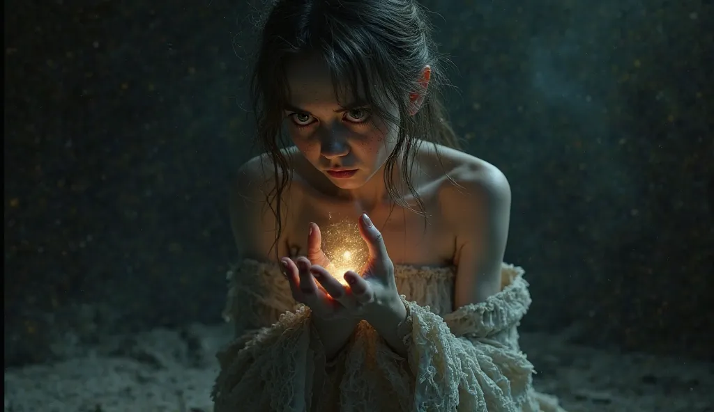 a girl, emaciated, feeling sad, praying hands emitting a faint light, cinematic lighting, dramatic shadows, beautiful face, piercing eyes, detailed skin texture, pale complexion, messy hair, worn clothing, kneeling pose, praying gesture, hands glowing soft...