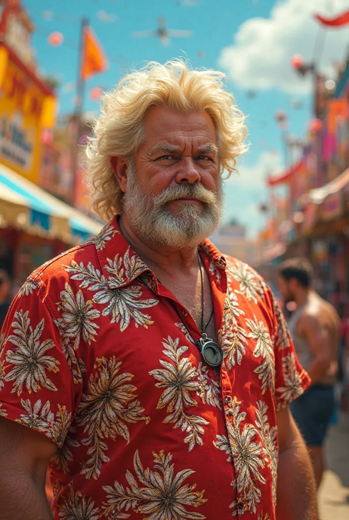 Big haired blond man with light eyes in a carnival block wearing a red and white Hawaiian shirt with gold details written catunos