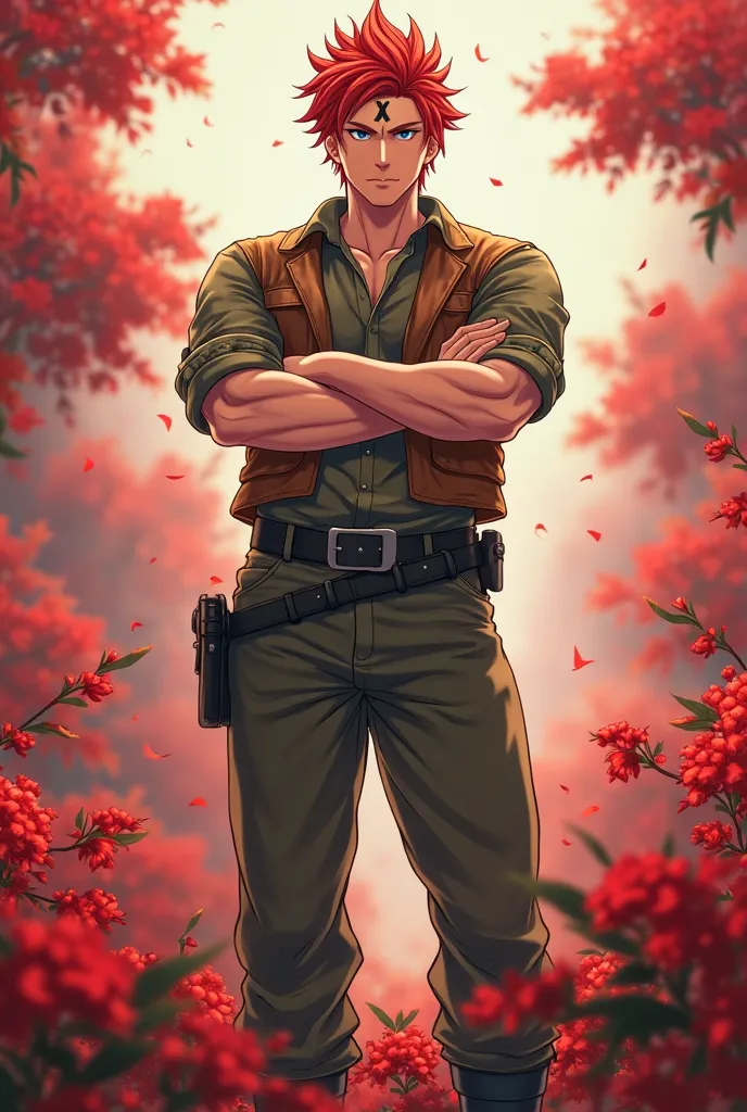 Make a high-resolution image of a handsome young adult man with red hair pointed upwards wearing a brown vest and plain military green pants and black boots with a black crescent on his forehead standing with his strong arms crossed with well-defined featu...