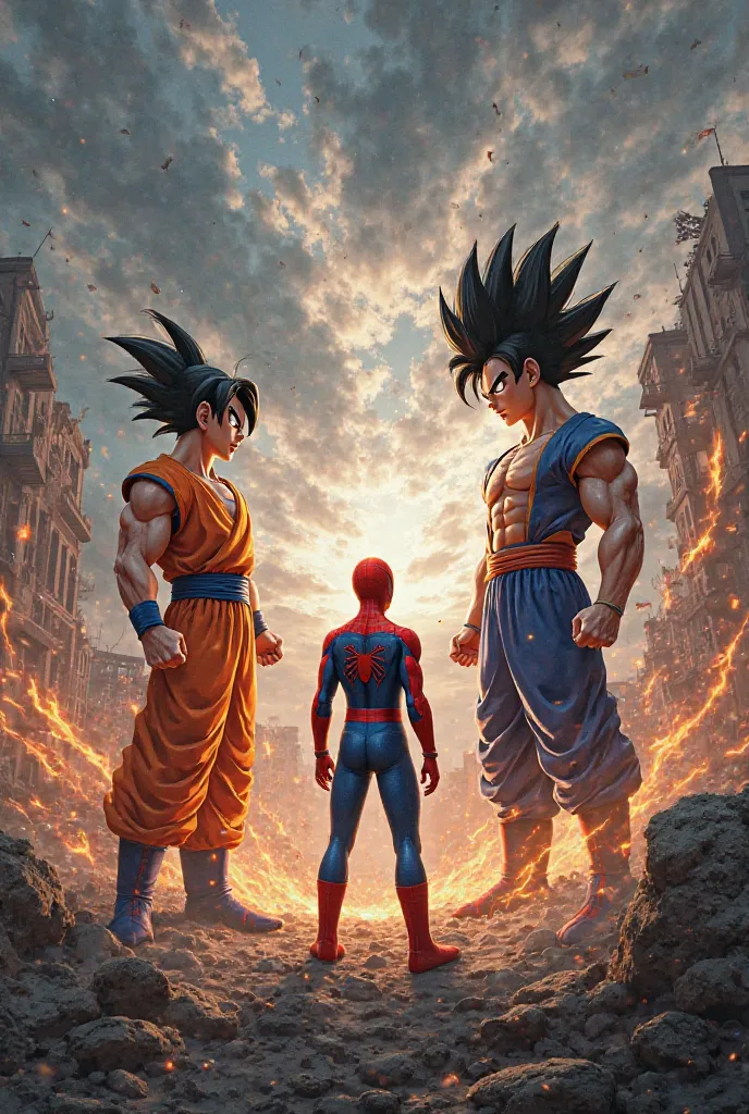 Create an image where Spider-Man kills Goku and Vegeta 