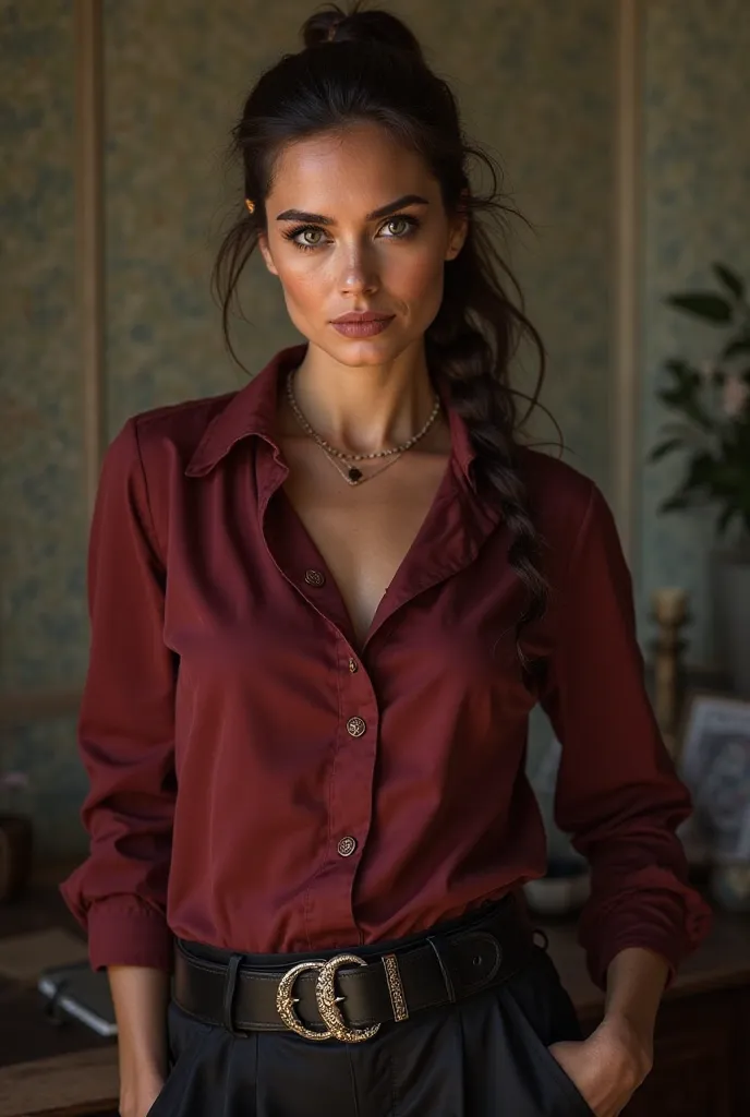 photo by belt on avatar in instagram, In the office,  ultra textured leather, in a confident posture,  in a blouse and pants, looking at the camera, 40 years old,  hair in a ponytail, Roma nationality, Female image - elegant, sophisticated , with a clever ...