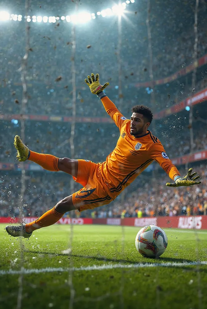 Emiliano Martinez, the goalkeeper, saves the ball as he goes inside the crossbar.