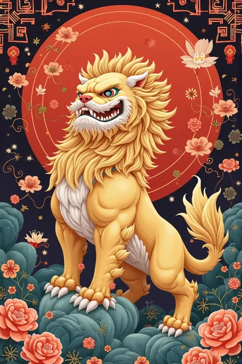 Illustration of a Chinese lion surrounded by Chinese symbolism 