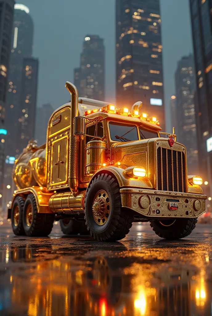 3D JMZ golden letters in the shape of a truck, detailed foreground, Low angle shot, dramatic lighting, futuristic cityscape backgrounds, cyberpunk elements, ultra realistic oil paint finish, 4k, hdr, ultra detailed, high-end product photography