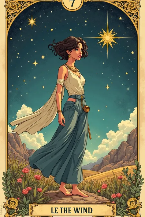 Tarot card that has inside it a young Latin woman with short hair in modern clothes who is the Lady of the Wind. That there is a reference to metratron in the image. That the tarot cards and the stars are present. Let the image be like an anime illustratio...