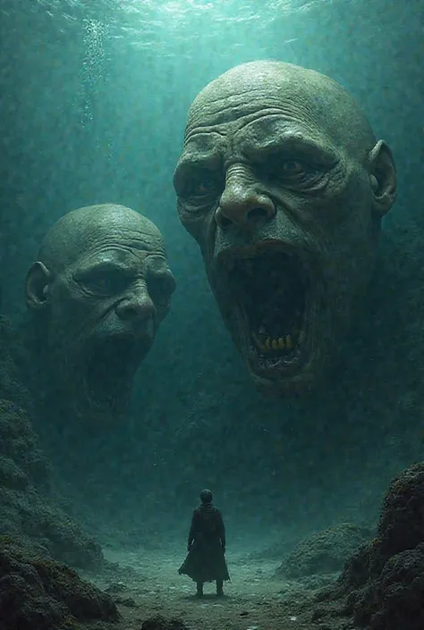 Giant people with creepy faces at the bottom of the sea