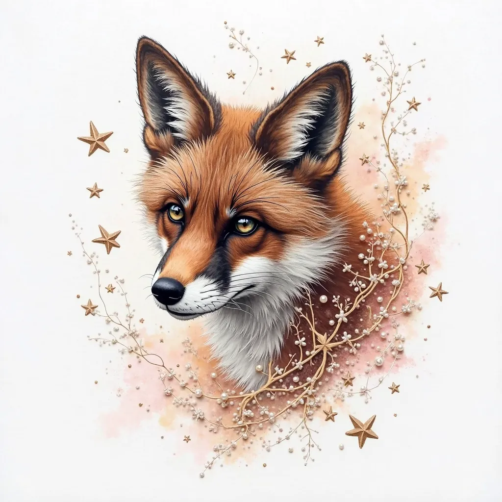 3d, Dessin au crayon, white background, shades of brown ,  light pink and taupe, filaments graphiques et abstraits, Haute définition, ajouter au centre a black fox, ornements pearls and stars en parfaite harmonie avec l'ensemble de l'image