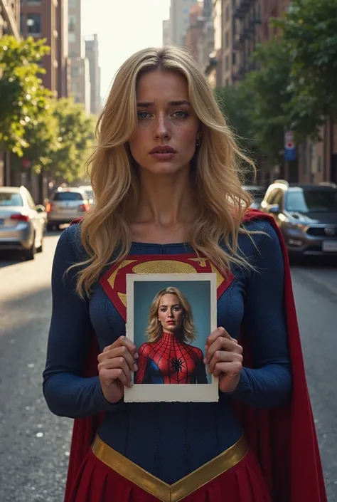 Street with several cars with vegetation on the wall, Super girl blonde in standard costume crying with tears with a picture of Spider-Man standard costume on her hands