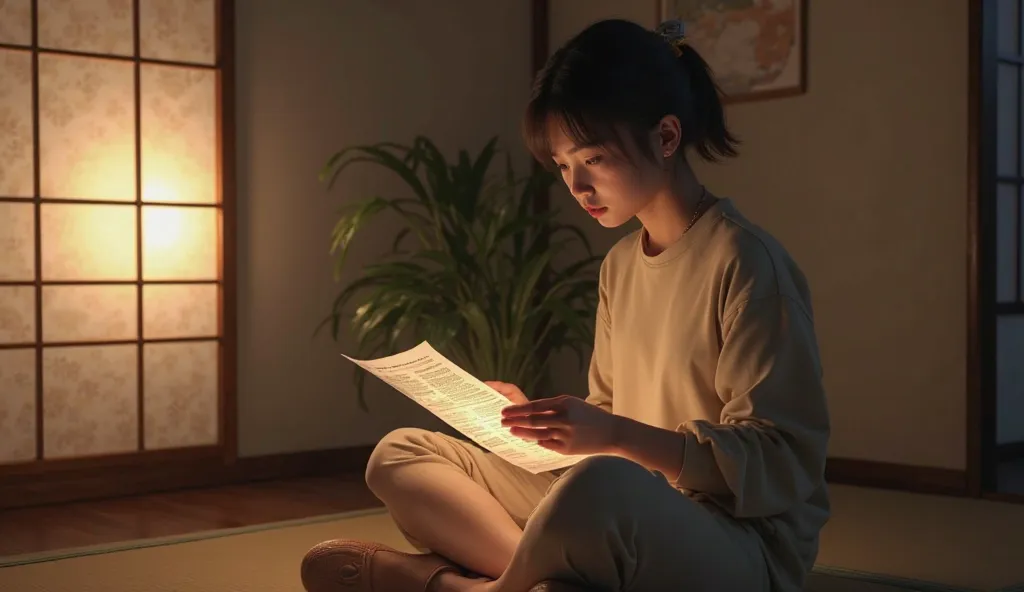 A person sitting calmly in a serene environment, reviewing their financial notes in the light of a paper flashlight. minimalist Japanese environment. ultra realistic