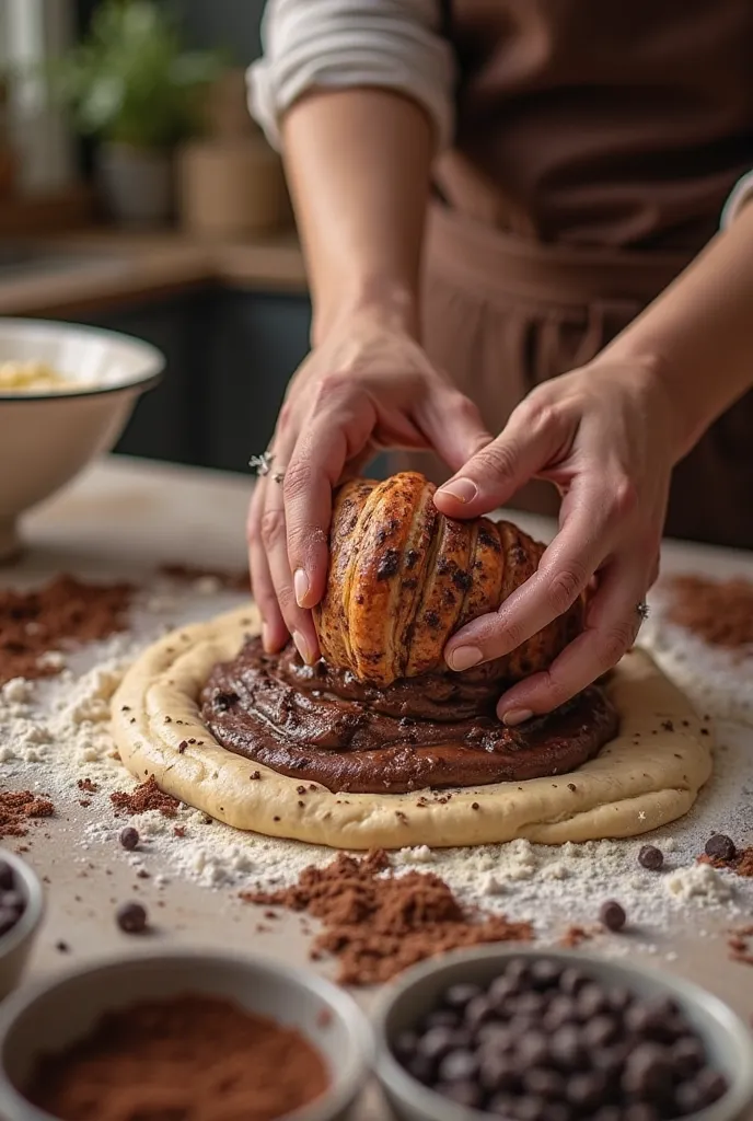 Person kneading triple chocolate croisant with their ingredients 