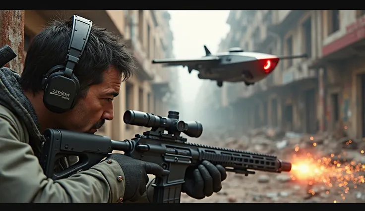 "A tense sniper duel unfolds in a destroyed urban landscape. A human sniper is hidden behind a rusted metal beam, sweat on his face, as a sleek, robotic Zarthok sniper drone hovers above, its glowing red scope locked onto him. The drone is an advanced kill...