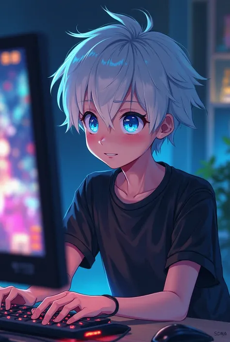 An anime boy with blue eyes with white hair black t-shirt playing video games