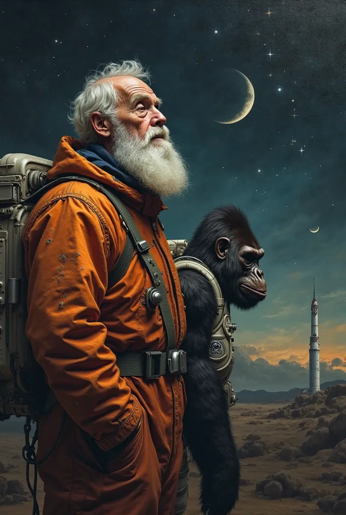 Elderly man with white beard as an astronaut and a gorilla with a capital capsule behind Caravaggio style at night