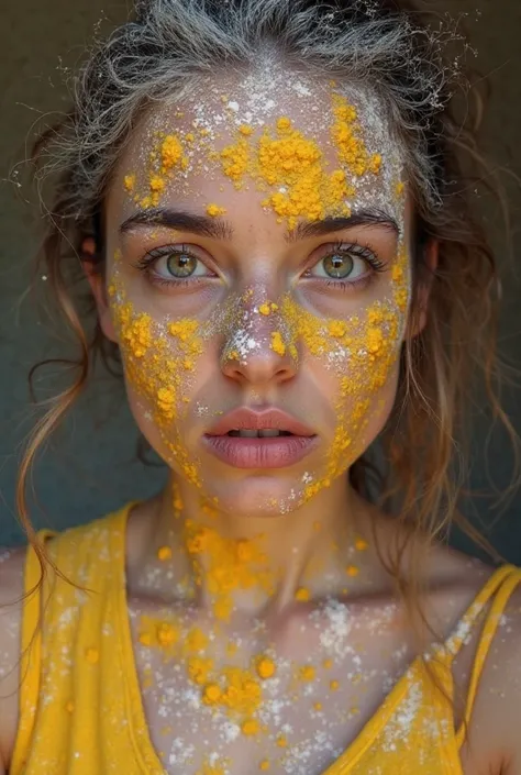 Young 20-year-old woman with brown tea, latina, Brunette Clara, looking at the camera with surprise and anger for having been stained with: all over her body and face a lot of white powder of powdered flour, covered completely, about it some yellow flames ...