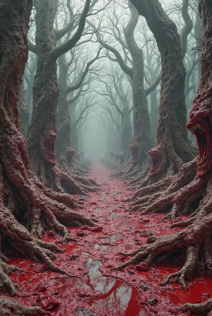 Forest, flesh trees, flesh ground, rotten flesh, veins, pools of blood, small mouths with sharp teeth, vast landscape, hyper-realistic, super realistic, grotesque
