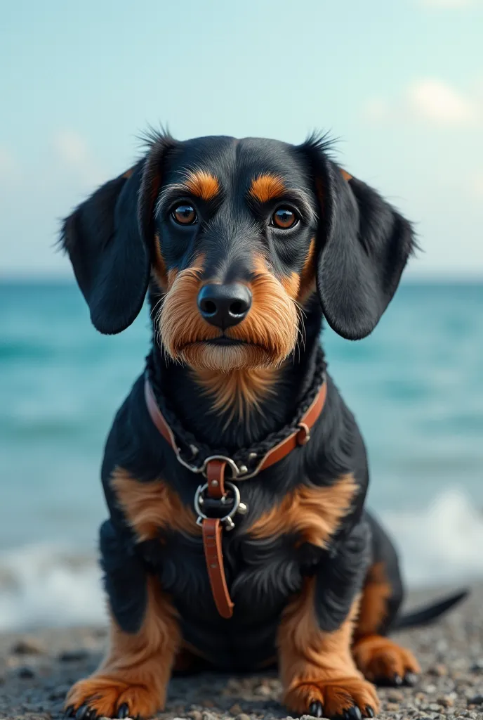 A hardhaired techkel, dark black with light mustache/gold and a small strap from Spain with black eyes, Sitting with a blue ocean in the background