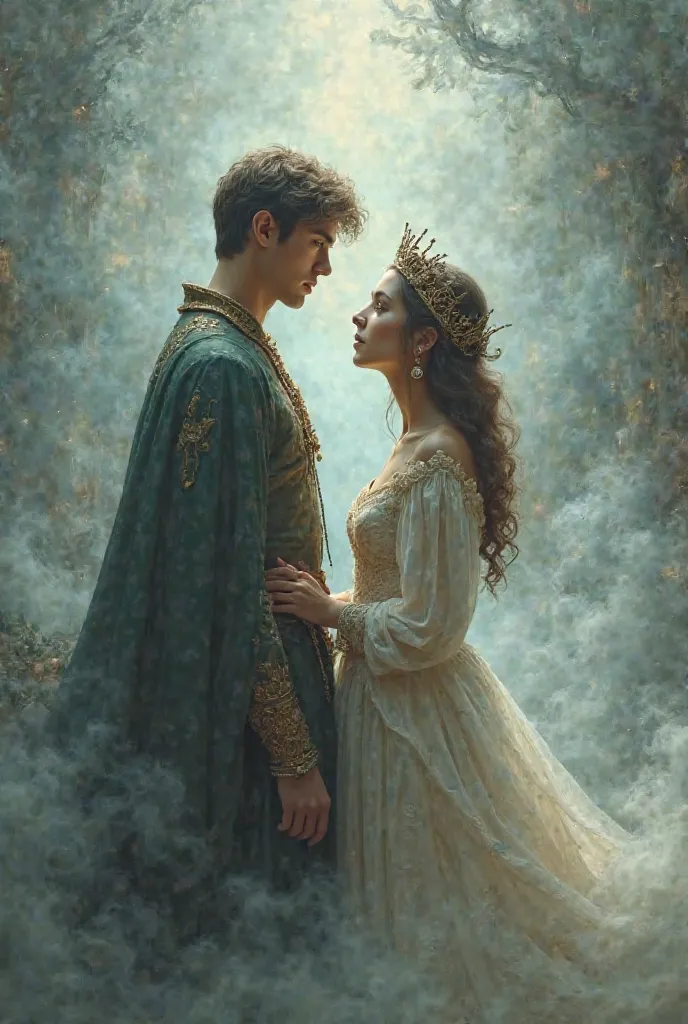 A young man and a girl wearing a crown are standing with smoke behind them